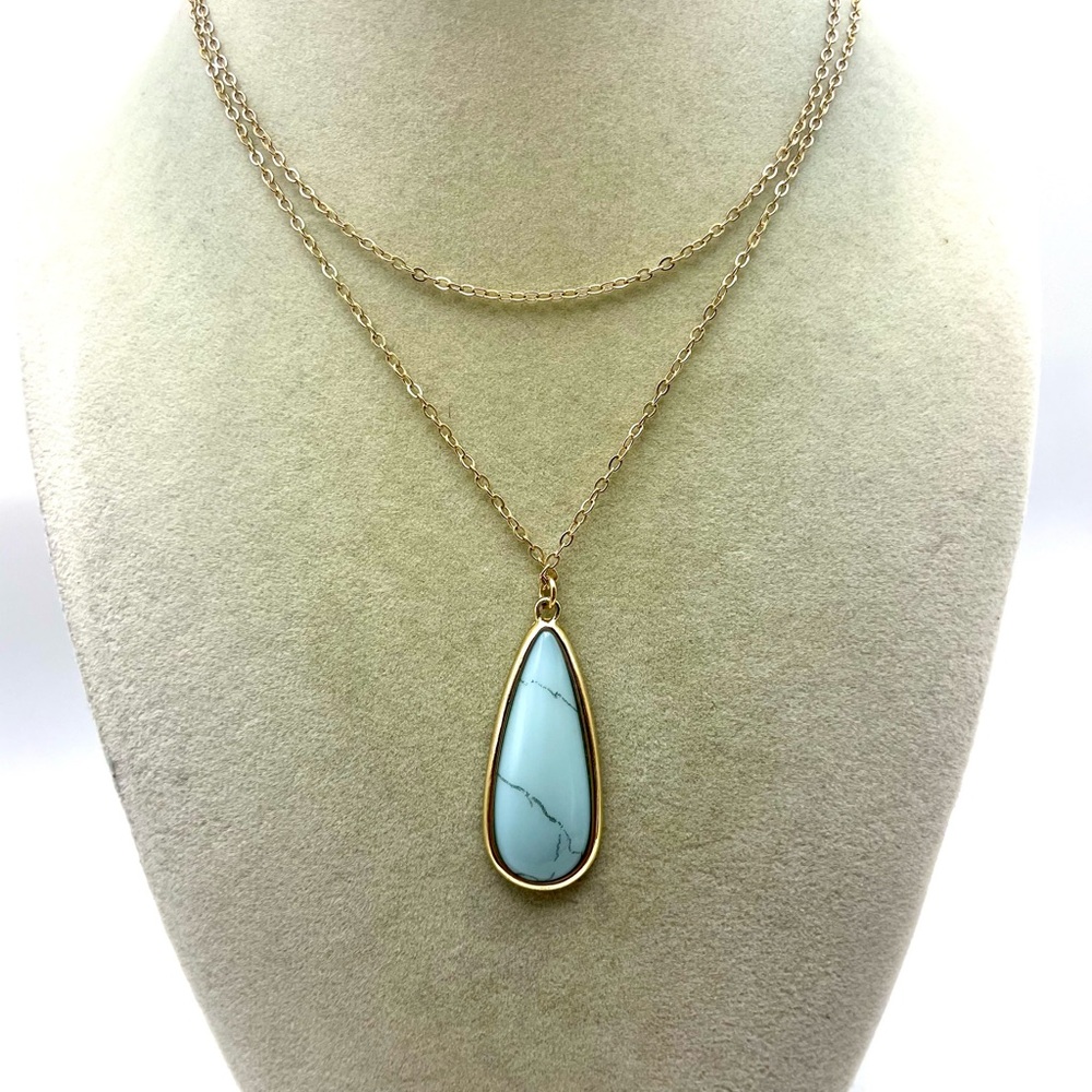Time and Tru Gold Tone Necklace with Turquoise Blue Teardrop Pendant. 26 inches